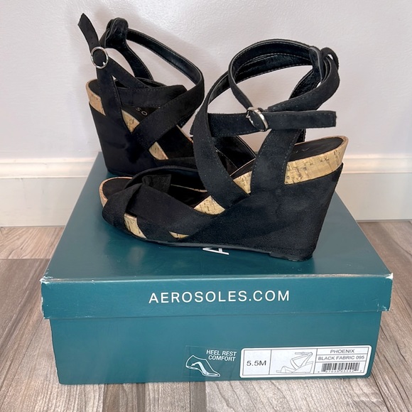 🖤Aerosoles Phoenix Black Suede/Cork Ankle Strappy Wedge with Heel Rest Comfort - Picture 2 of 8
